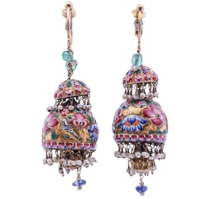 Matched Pair of High Karat Persian Qajar Enameled Gold Earrings