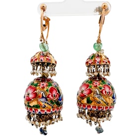 Matched Pair of High Karat Persian Qajar Enameled Gold Earrings