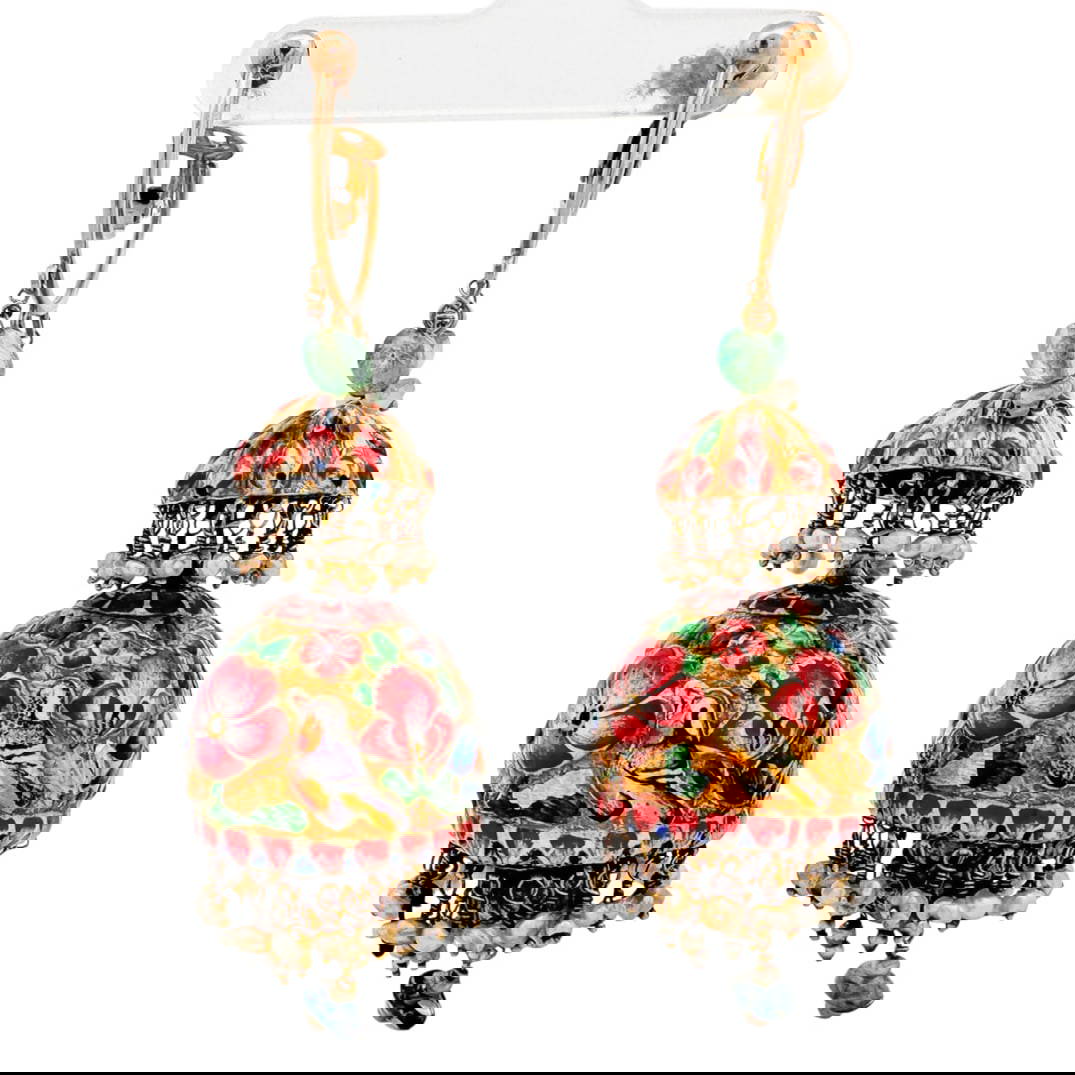 Matched Pair of High Karat Persian Qajar Enameled Gold Earrings