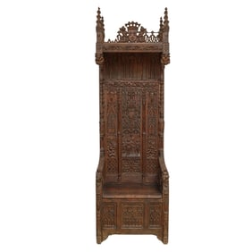Large & Impressive Gothic Throne Chair w/ Canopy Top & Bench Chest
