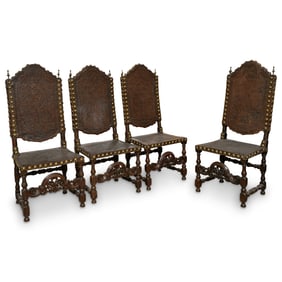 Spanish Walnut & Tooled Leather Side Chairs Set of Four