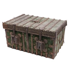 Extremely Rare 15th Century Large Spanish Wood, Iron Strapped and Velvet Covered Chest