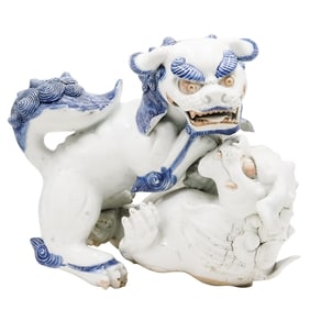 Large Japanese Porcelain Hirado Blue & White Shi Shi Dog Group