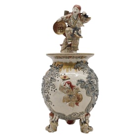 Very Rare & Unusual Japanese Satsuma Covered Jar of 'The Saki Drinkers' Dancing