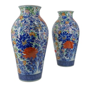A Beautiful Large Pair of Matched Japanese Porcelain Vases, w/ Large Flowers, Under-Glazed Blue, &