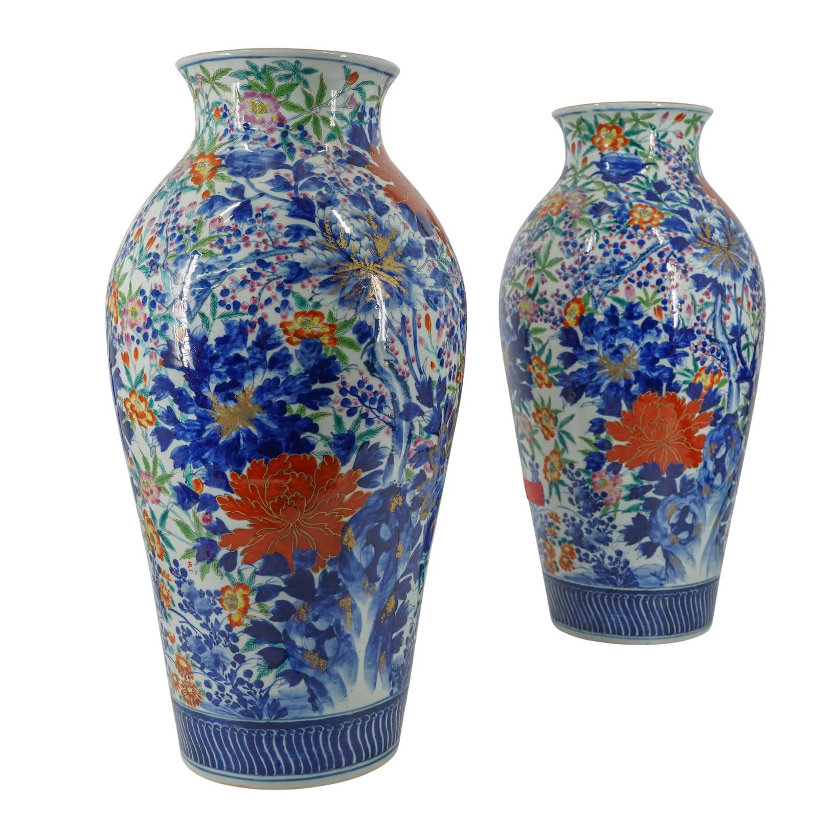 A Beautiful Large Pair of Matched Japanese Porcelain Vases, w/ Large Flowers, Under-Glazed Blue, &