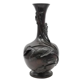 Unusual Big Japanese Bronze Vase Lotus & Raised Carp Design Fine Patina