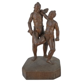 Large One Piece Japanese Carved Wood Okimono of Two Sumo Wrestlers