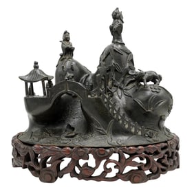 Large Rare Ming Bronze Sculpture with Mountains, Scholars, & Bridge