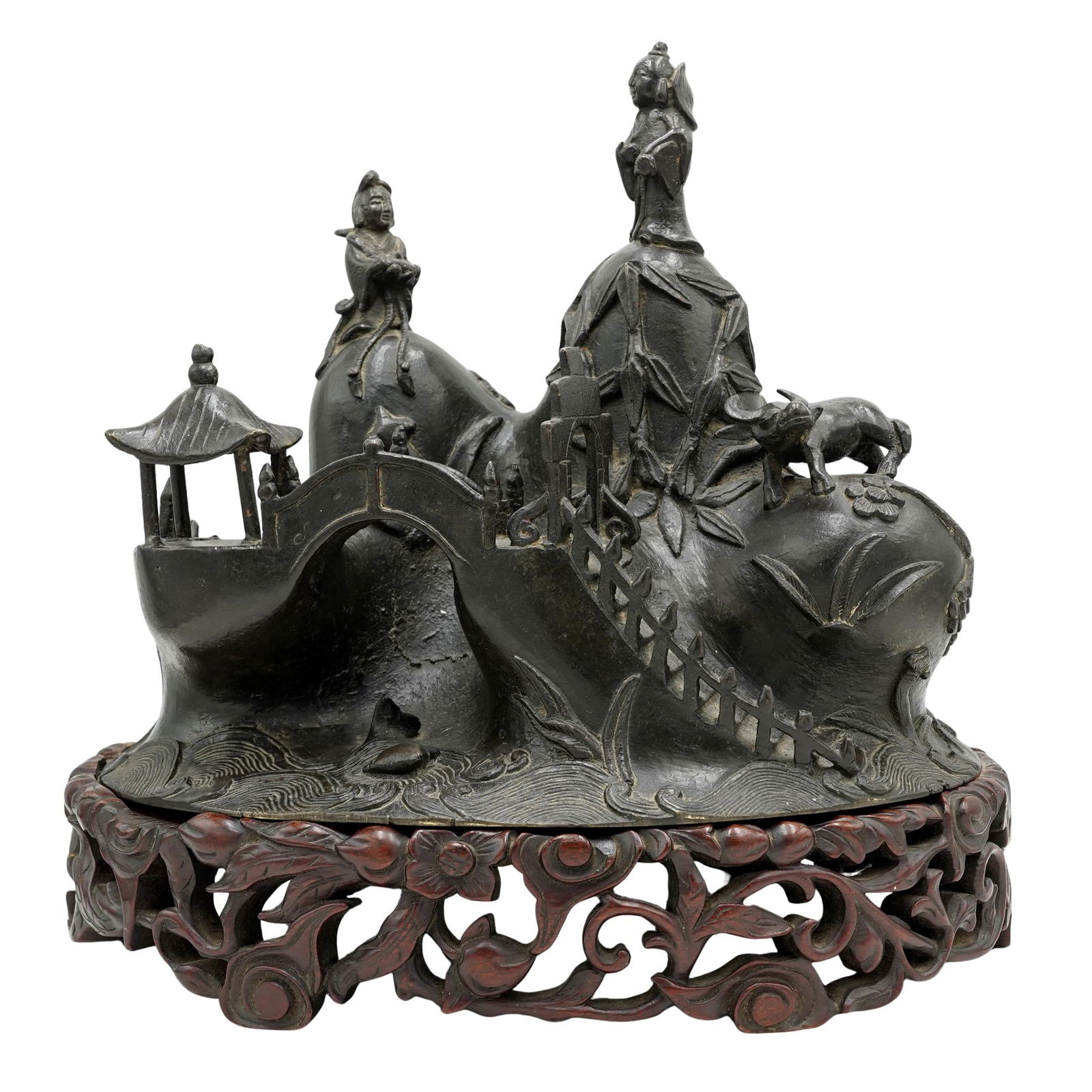 Large Rare Ming Bronze Sculpture with Mountains, Scholars, & Bridge (1 of 12)