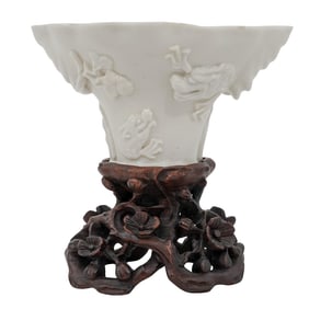 Blanc de Chine, Dewa Porcelain Libation Cup On Custom Hardwood Stand