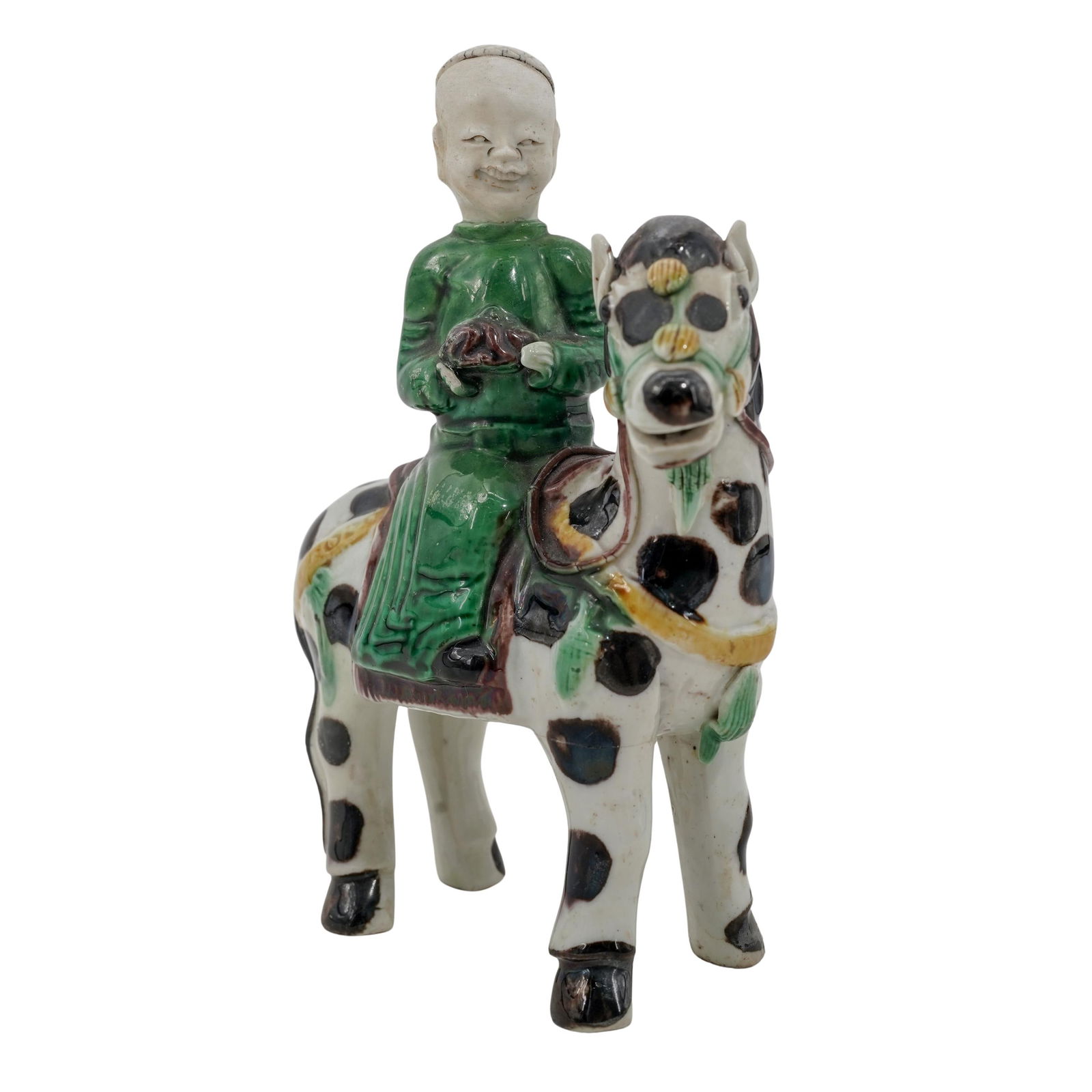 Kangxi Period Famille Verte Porcelain, Biscuit Figure of Immortal Riding Horse: Kangxi Period Famille Verte Porcelain, Biscuit Figure of Immortal Riding Horse17th/18th Cent.This smaller sized porcelain, biscuit figurine has a boy with bisque face and green robe riding a white hor