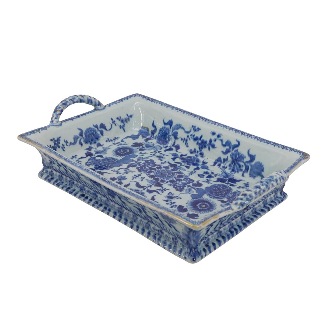 Chinese Export Kangxi Period Rectangular Blue and White Tray with Fluted Handles