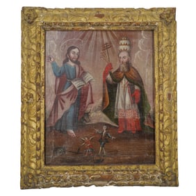 Spanish Colonial School Christ with Saint Oil on Canvas in Period Frame
