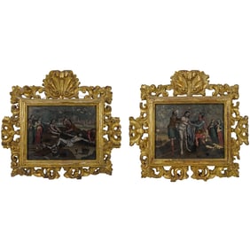 Pair of Spanish Colonial School Reverse Glass Paintings Gold leaf Carved Frames