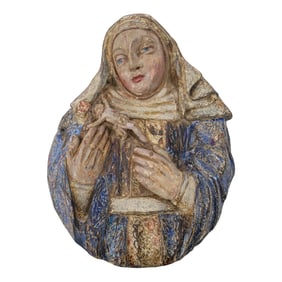 18th Century Wood Carved Polychrome Relief Panel of Madonna & Christ on Cross