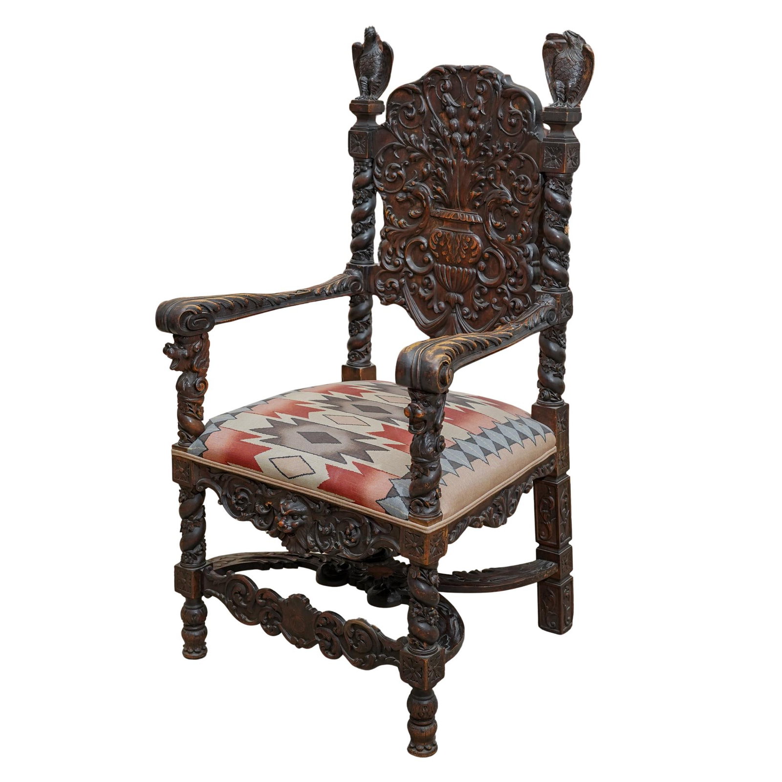 19th Century Spanish Renaissance Revival Carved Wood Throne Chair: 19th Century Spanish Renaissance Revival Carved Wood Throne Chair 19th Cent, European 19th century Spanish Renaissance Revival carved wood throne chair, featuring floral filled backsplat in relief, fl