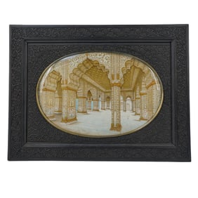 Indian Taj Mahal Miniature of Palace Interior, Original Hardwood Carved Frame & Beveled Glass