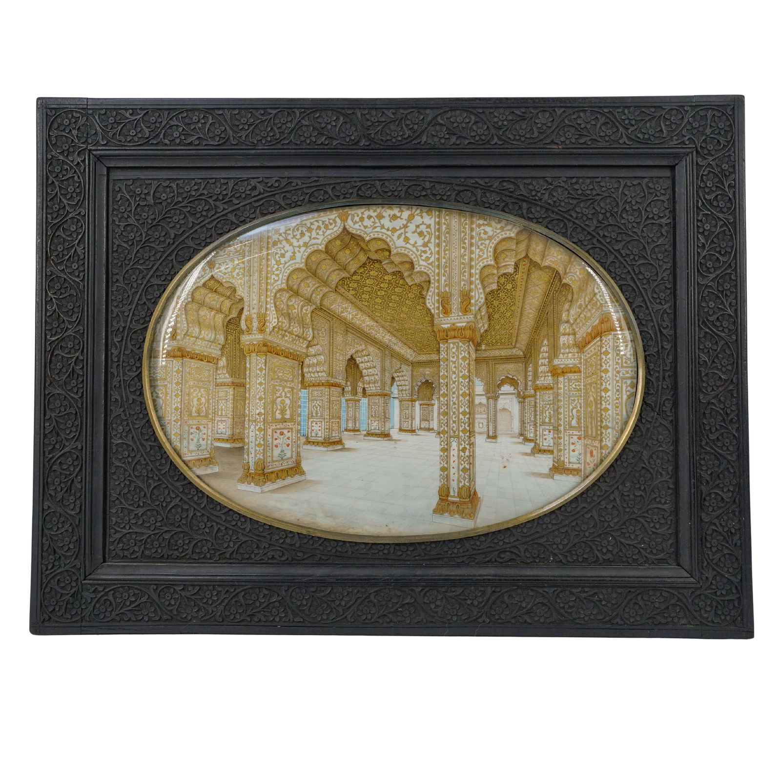 Indian Taj Mahal Miniature of Palace Interior, Original Hardwood Carved Frame & Beveled Glass (1 of 5)