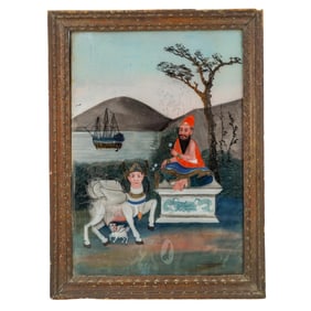 Indian Reverse Glass Painting (Vasishtha Maharishi Worships Kamadhenu) Chinese Export for Indian