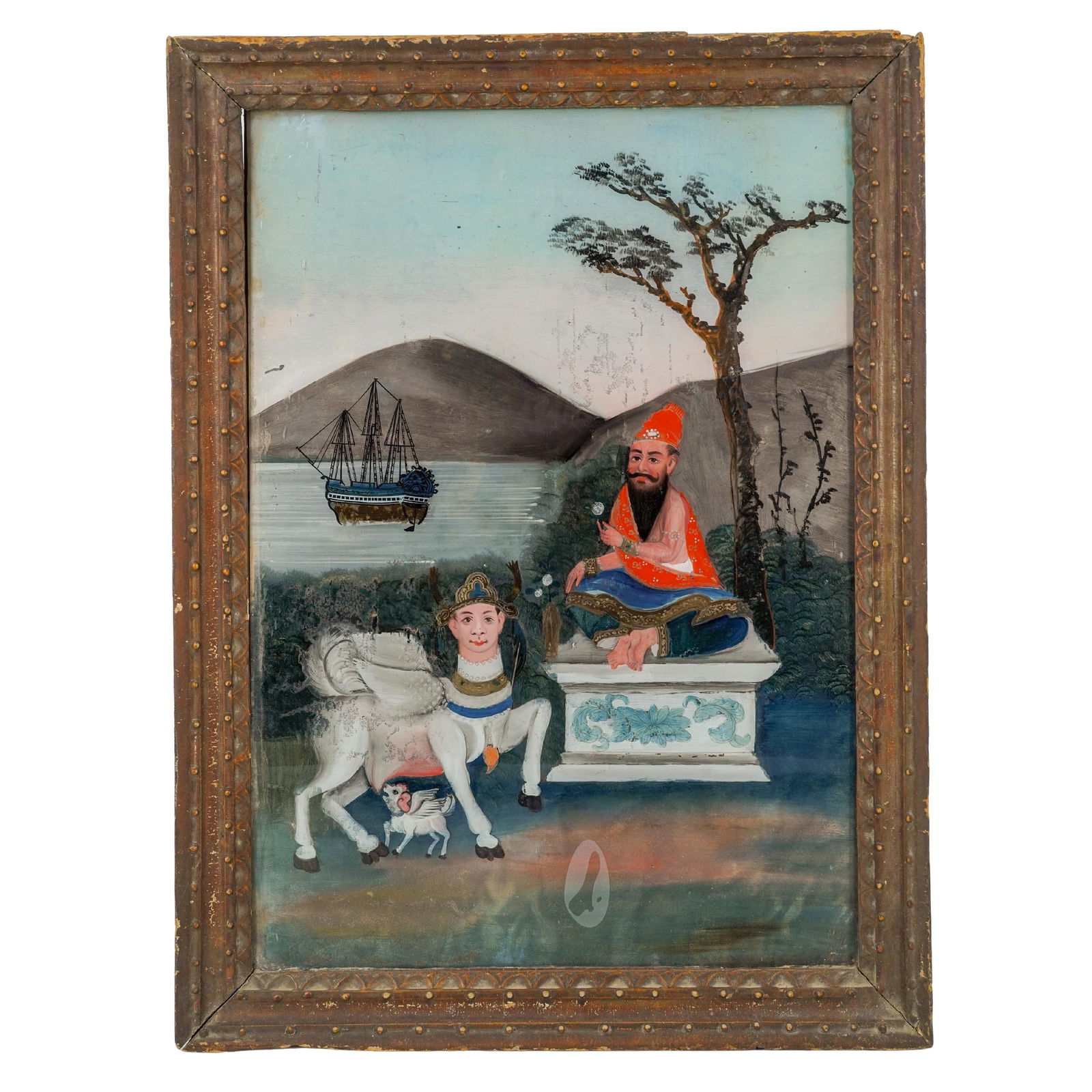 Indian Reverse Glass Painting (Vasishtha Maharishi Worships Kamadhenu) Chinese Export for Indian (1 of 6)