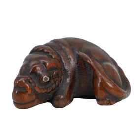 Japanese Netsuke of Crouching Ox with Inlaid Eyes & Fine Old Patina
