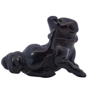 Rare Japanese Dark Wood Netsuke of Crouching Dog Scratching Neck