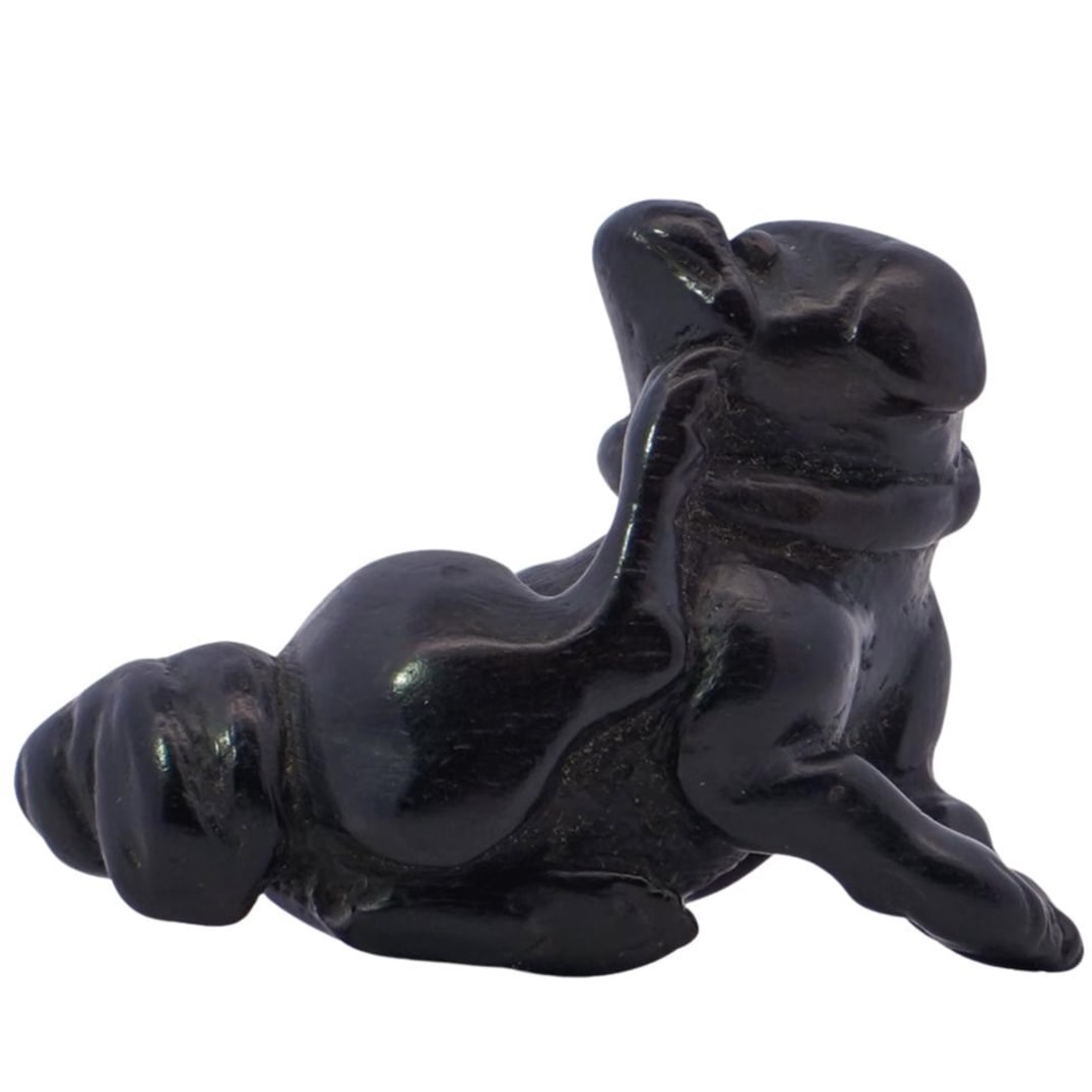 Rare Japanese Dark Wood Netsuke of Crouching Dog Scratching Neck: Rare Japanese Dark Wood Netsuke of Crouching Dog Scratching Neck 19th Cent. Japan Rare Japanese dark wood Netsuke of crouching dog, wearing a collar, scratching neck, details to hair on back, bottom o