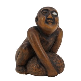 Japanese Boxwood Netsuke Depicting A Blind Man Lifting Boulder (Tomomitsu)