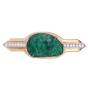 Chinese Jadeite Gold and Diamond Brooch