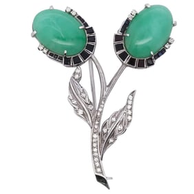 Art Deco Platinum Jadeite Diamond and Sapphire Brooch