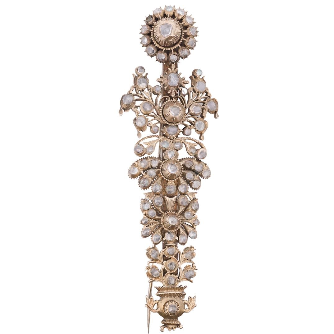 Sri Lankan / Indian Jeweled Turban Pin or Sash Pin: Sri Lankan / Indian Jeweled Turban Pin or Sash Pin19th Cent. Sri LankanThis handmade pin was crafted in five sections with fine details and open work vines and flowers. It has a gold exterior finish w