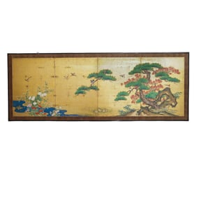 (Kano School) Japanese Four-Panel Screen Gold Leaf & Tempura Painted