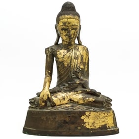 18th C. Burmese Seated Bronze Buddha with Gold Leaf Highlights