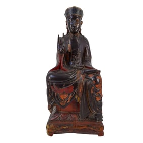 Vietnamese Buddhist Bodhisattva Carved Wood, Lacquer, Gilt Seated Figure