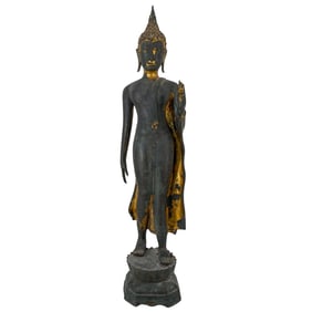 Thai Large Gilt Bronze Walking Buddha (Sukhothai Style)