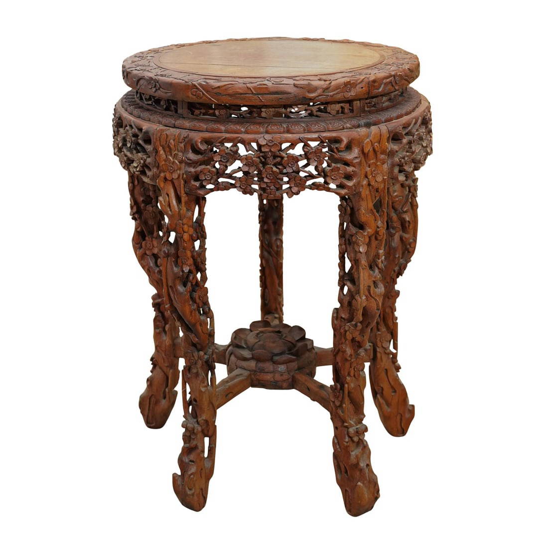 Chinese Carved Hardwood Cherry Blossom Five-Leg Round Table
