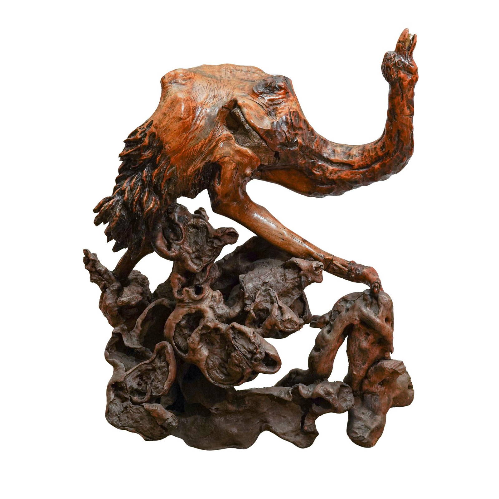 Monumental Chinese Scholars Root Wood Crane with Lingzhi & Matching Base