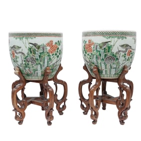 Matched Pair of Famille Verte Chinese Porcelain Jardinieres