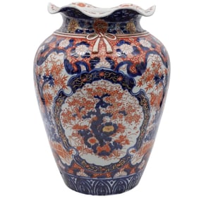Large Japanese Imari Vase with Fluted Rim, Unusual Porcelain Bow