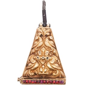 Indian High Karat Gold 22k Repousse, Rubies, Floral & Peacock Pendent