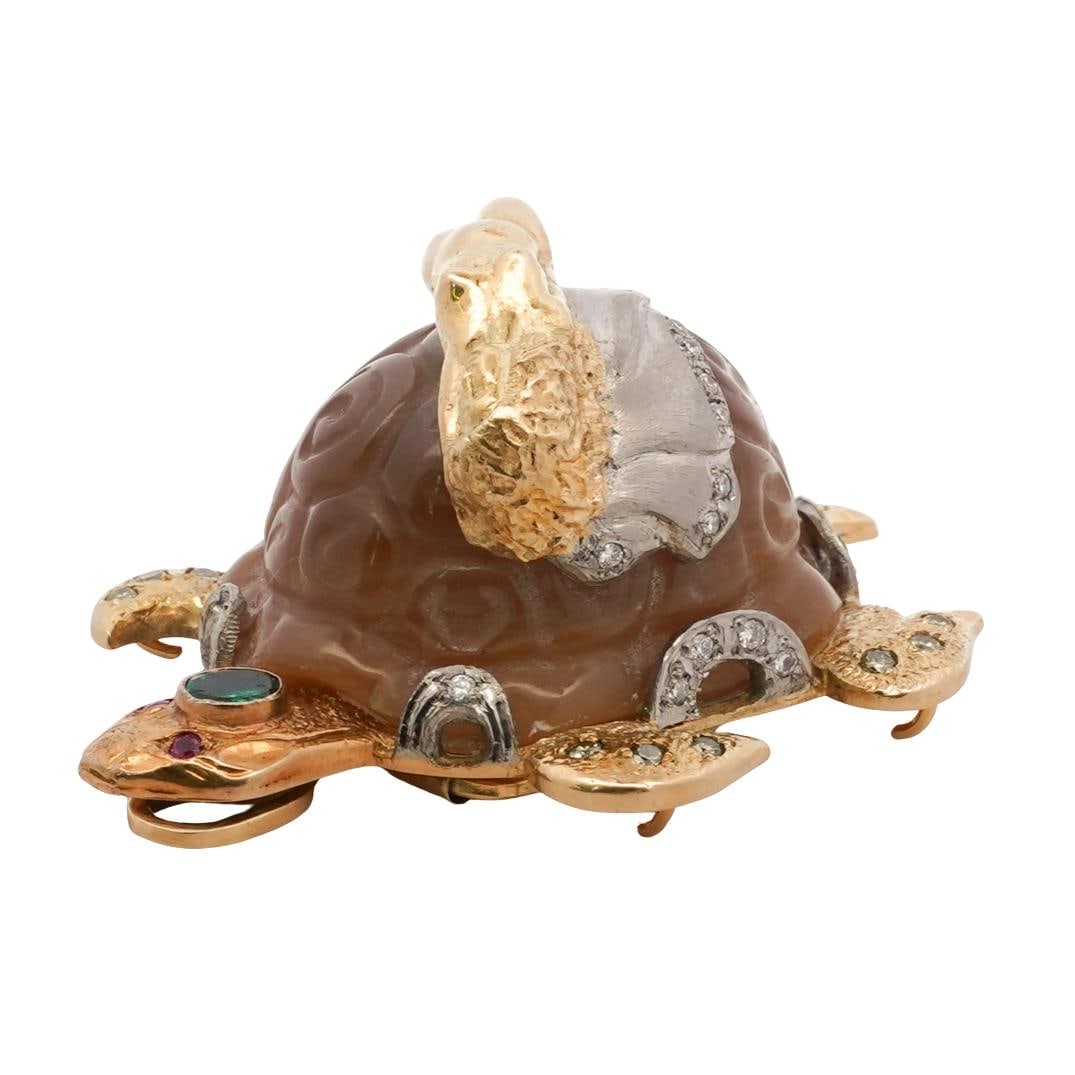 Russian 18k Gold Agate Diamonds Turtle Brooch: Russian 18k Gold Agate Diamonds Turtle Brooch20th century RussianRussian 18k gold turtle brooch. This very unusual agate turtle with rubies, emeralds, diamonds, white gold, and a nude mermaid riding o