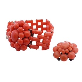 Italian Coral Link Gilt Silver Bracelet & Matching Brooch
