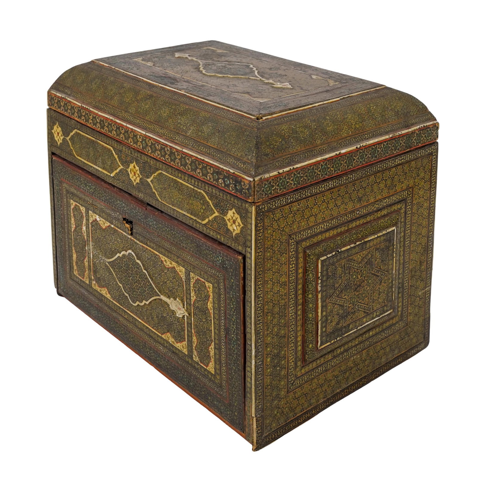Large Persian Qajar Katam Inlaid Wood Box: Large Persian Qajar Katam Inlaid Wood Box Late 19th- Early 20th Cent. Persia Persian Qajar Katam inlaid wood box. The box with domed lid, thousands of fine inlaid pieces, edges with bone border, once 