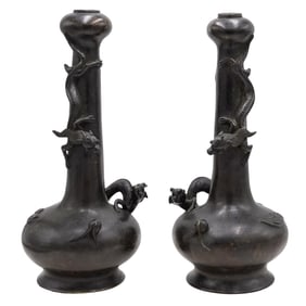 Matched Pair of Chinese Ming Period Bronze Garlic Mouth Bottle Vases