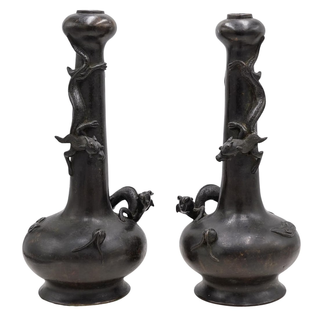 Matched Pair of Chinese Ming Period Bronze Garlic Mouth Bottle Vases (1 of 8)