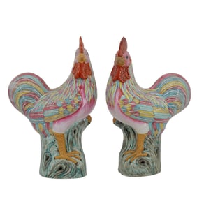 Large Pair of Chinese Porcelain Export Famille Rose Standing Roosters