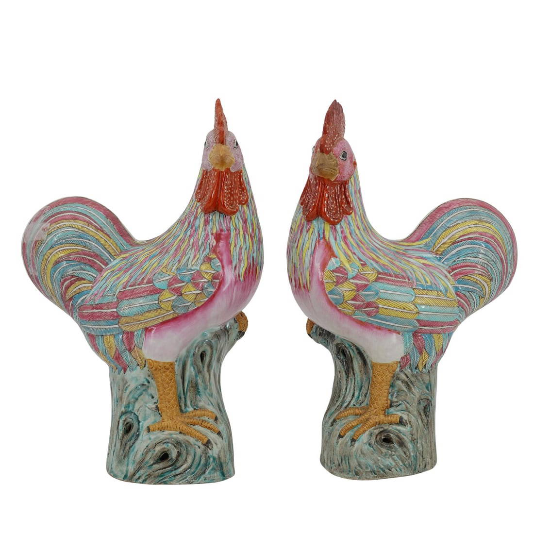 Large Pair of Chinese Porcelain Export Famille Rose Standing Roosters