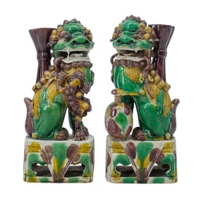 Pair Chinese Porcelain Kangxi Buddhist Foo Lion, Foo Dog Joss Stick Holders