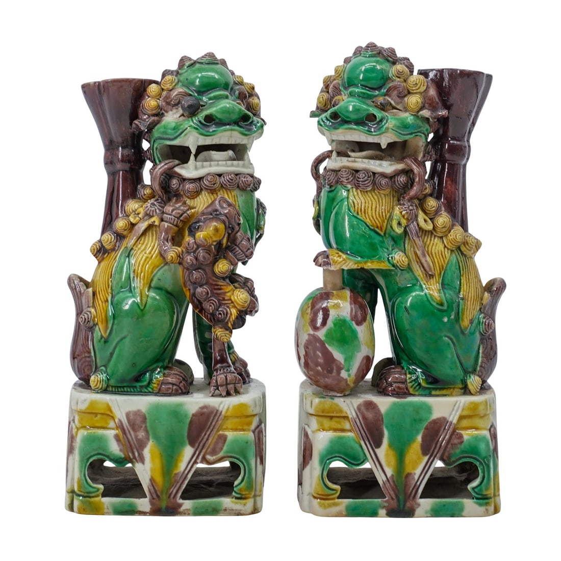 Pair Chinese Porcelain Kangxi Buddhist Foo Lion, Foo Dog Joss Stick Holders (1 of 9)
